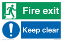 Fire Exit Keep Clear dual safety sign: running man facing right and exclaimation in blue circle Text: 